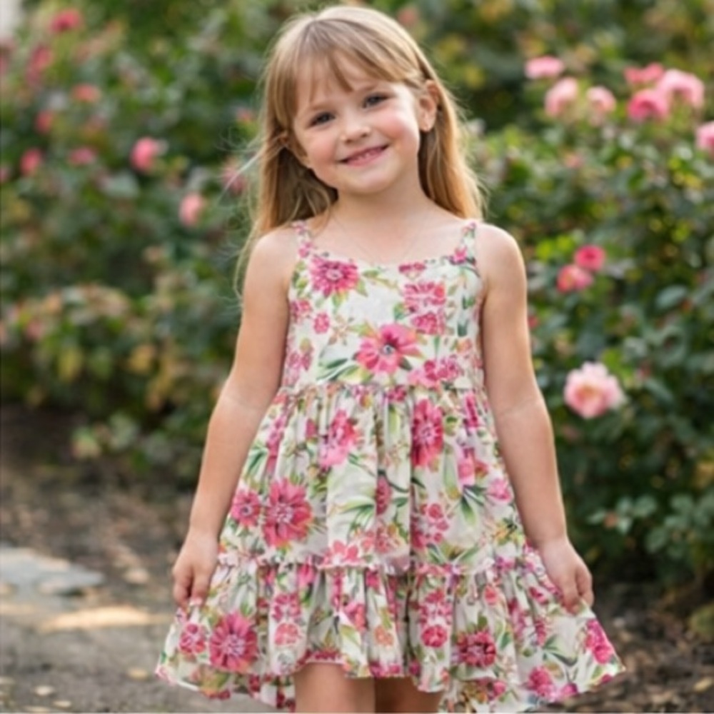 Girls Sleeveless Pink Floral Spring Dress S Lightweight Summer Casual Wear